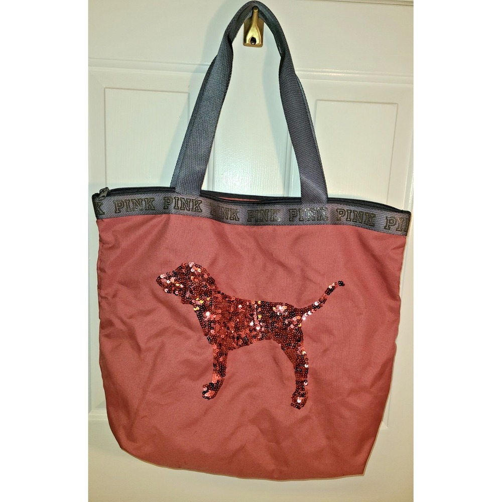 VS Victoria's Secret PINK Large Tote Beach Bag‎ Pink Sequin Dog Design Zipper